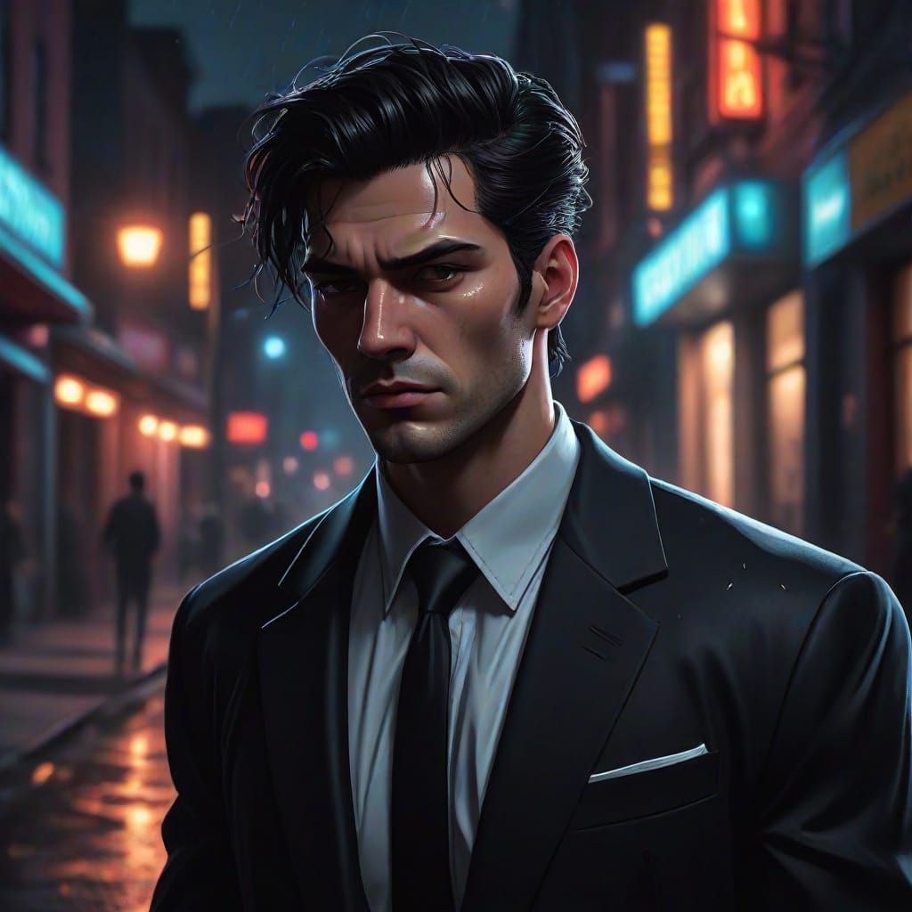 Man in Suit at Night: Comic Book Style