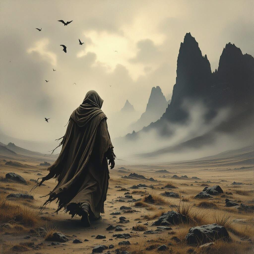 Hooded Figure on Windswept Moor in Dark Fantasy Style