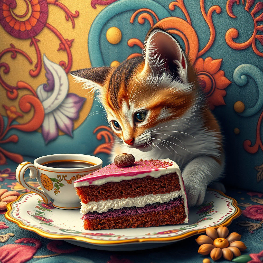 Kitten Sniffing Cake in Pixel Art Style
