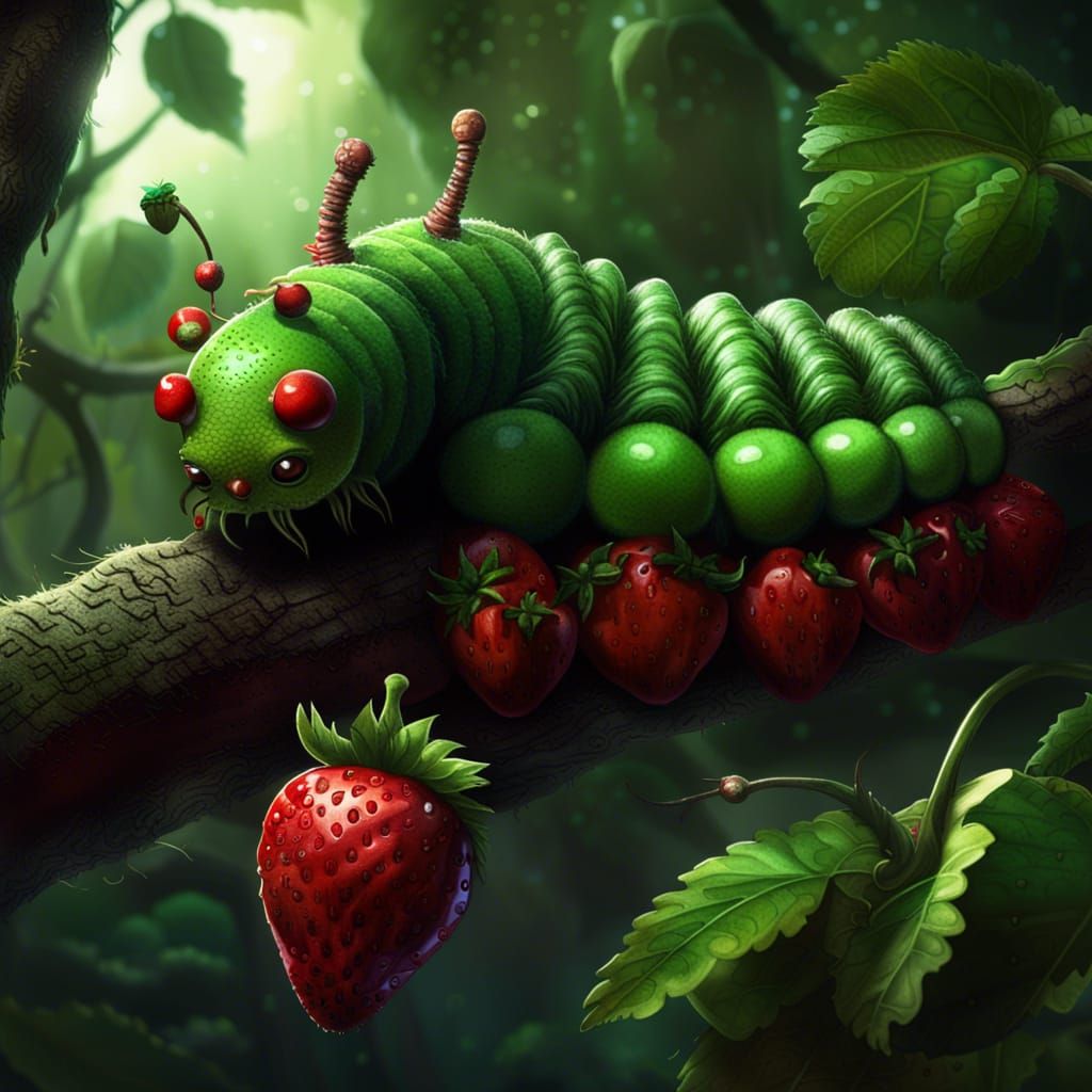 Caterpillar-Apple Hybrid Eats Strawberry, Dark Fantasy Art