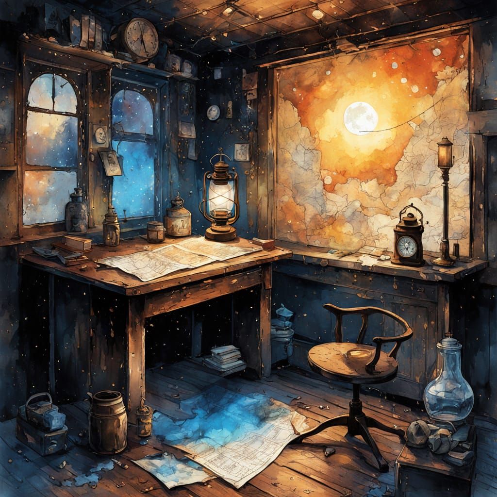 Ink Splatter Art of a Ship Captain's Cabin