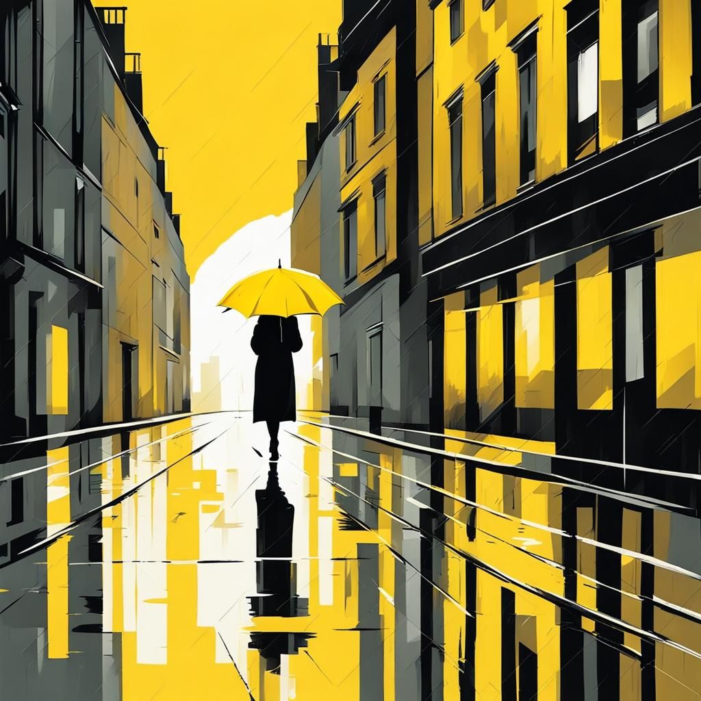 Woman with Yellow Umbrella in Geometric Abstract Style