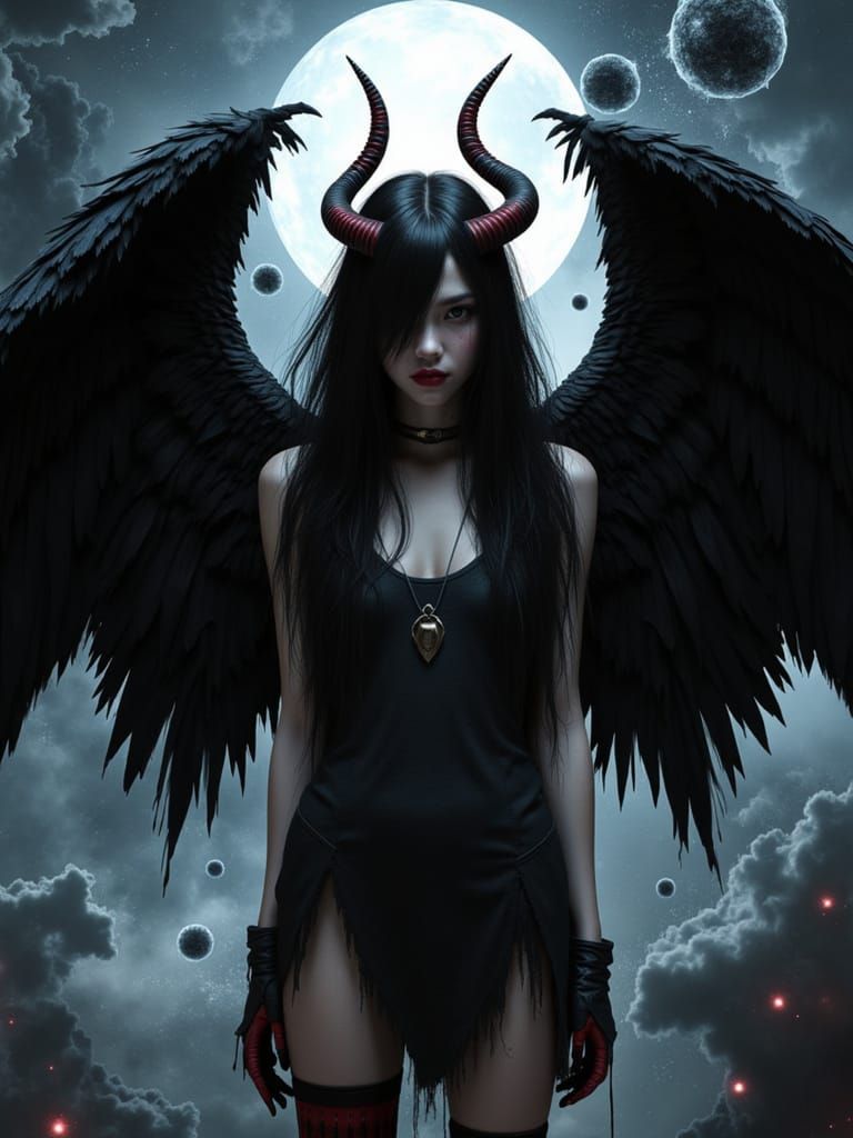 Fallen Angel with Horns and Wings in Dark Fantasy Style