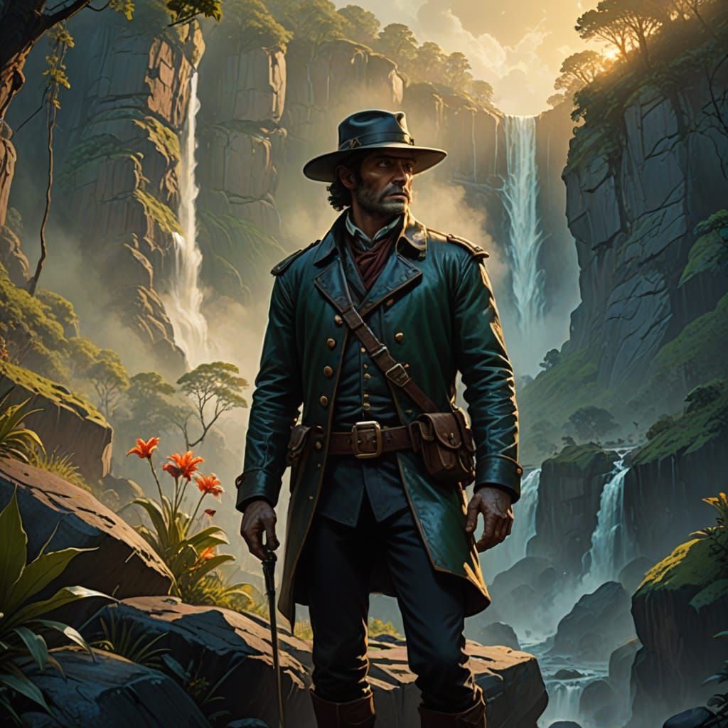 Victorian Explorer Stands Heroically at Tropical Waterfall's...