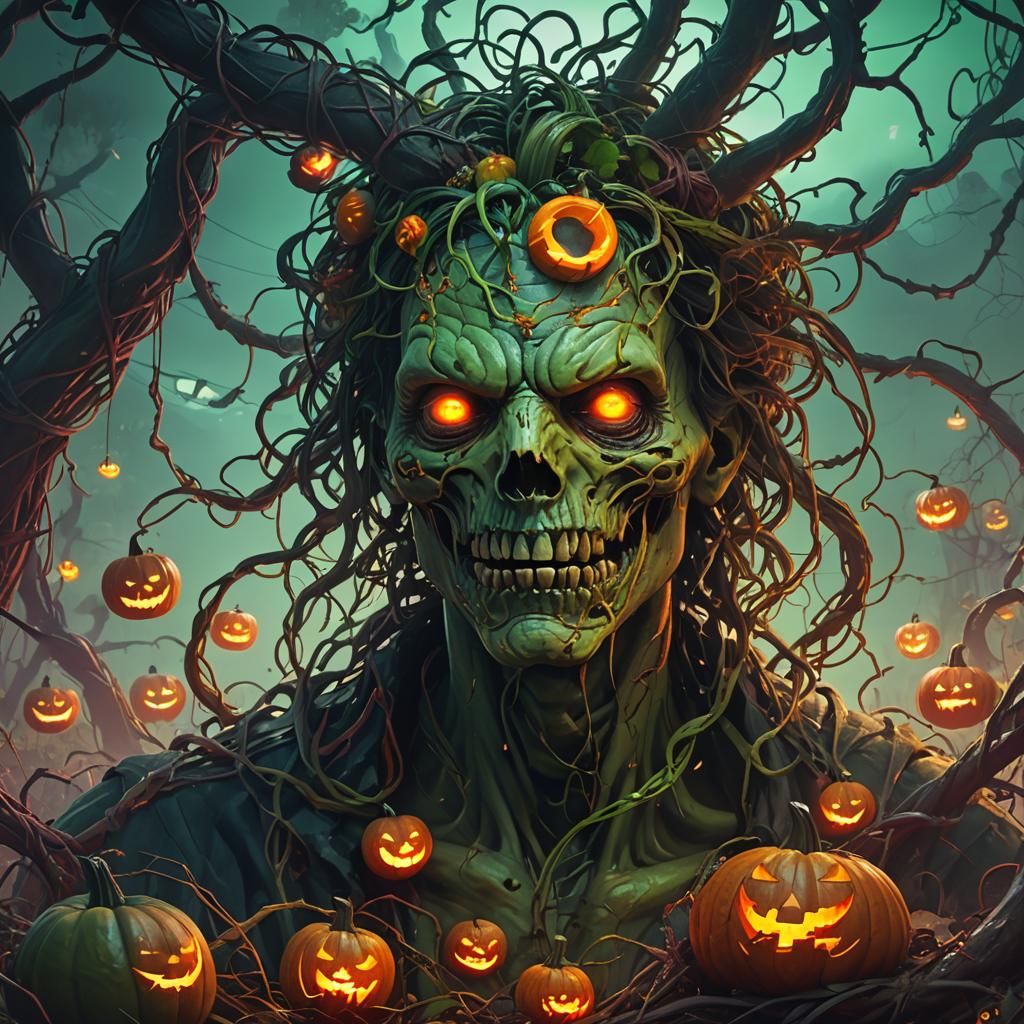 Halloween Zombie Pumpkin in Apocalyptic Setting