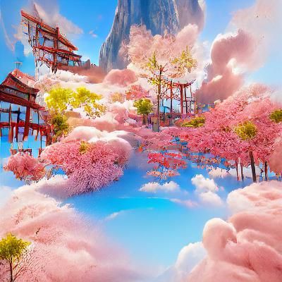 Lush Landscape with Pink Blossoms in Detailed Matte Painting