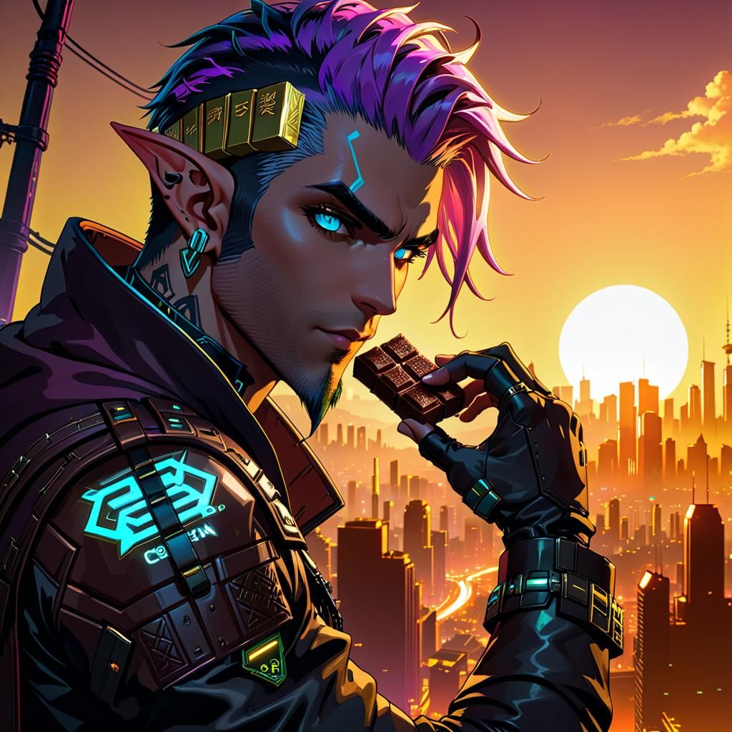 Cyberpunk Elf Technomancer: Chocolate in Neon Sunset