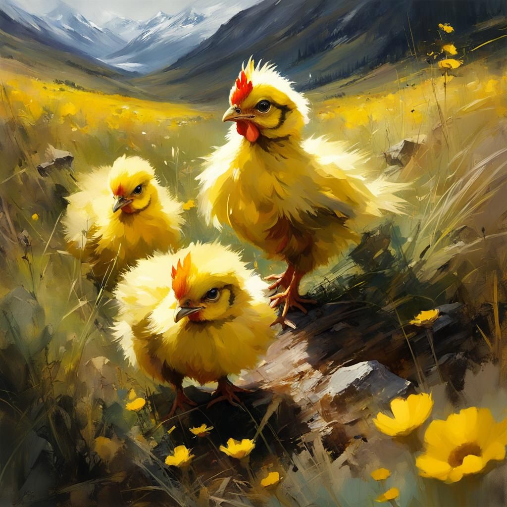 Fluffy Chicks in Mountain Meadow: Fine Art