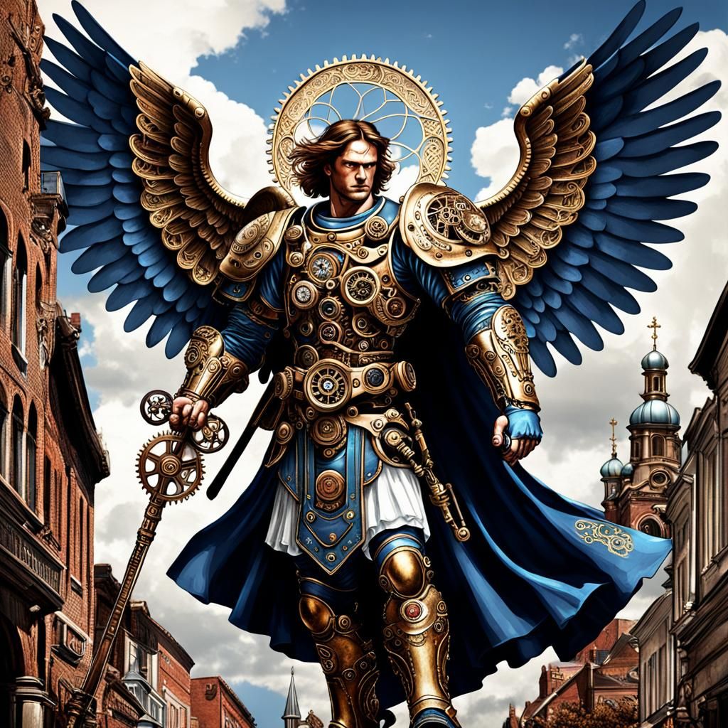 Steampunk St. Michael with Mechanical Wings