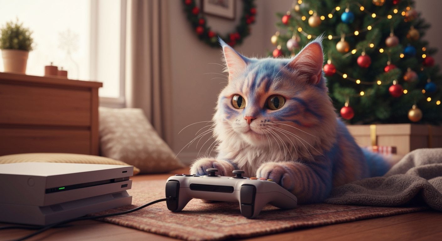 Fluffy Cat Plays Video Games by Christmas Tree