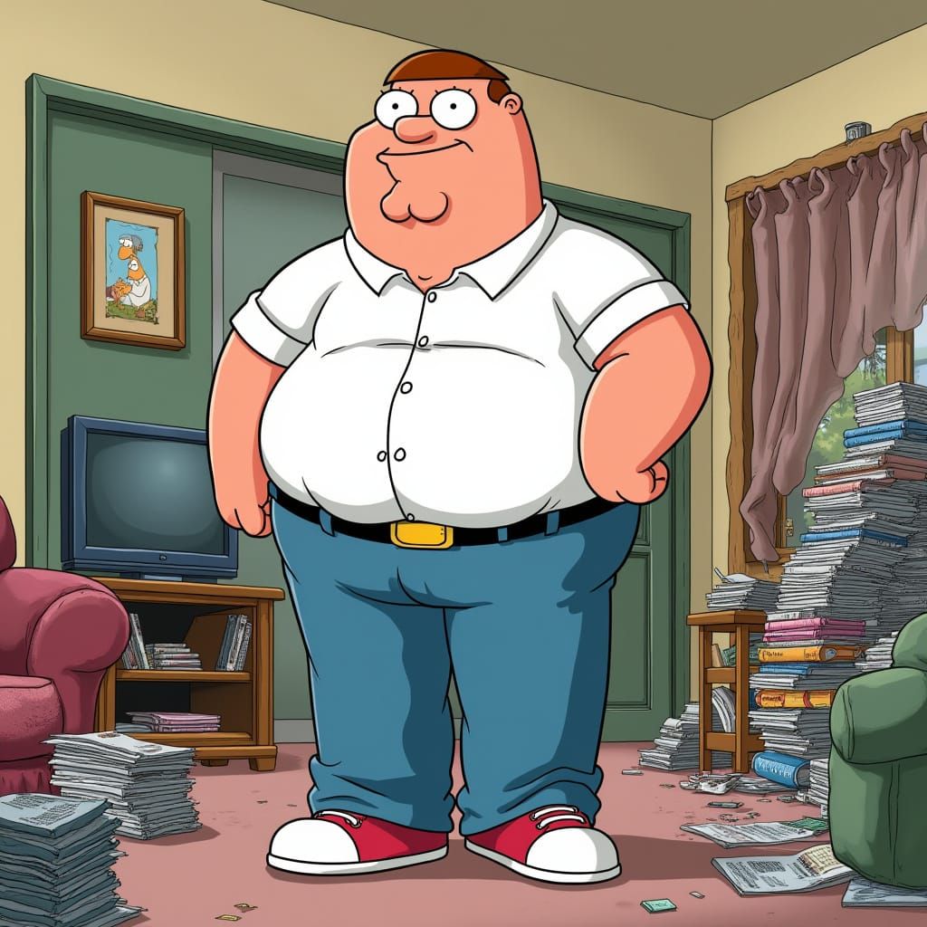 Lovable Cartoon Patriarch in Cluttered Living Room