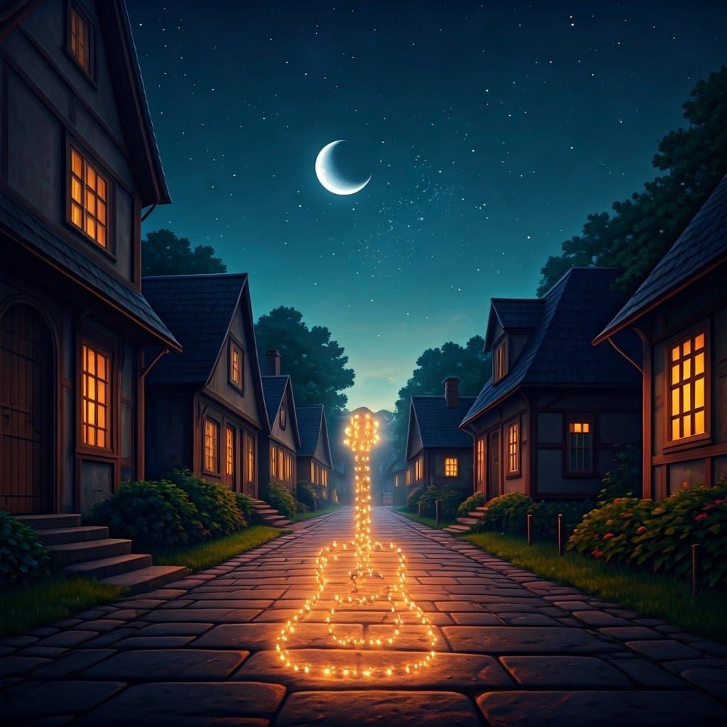 Guitar of Lights in Quaint Village Night