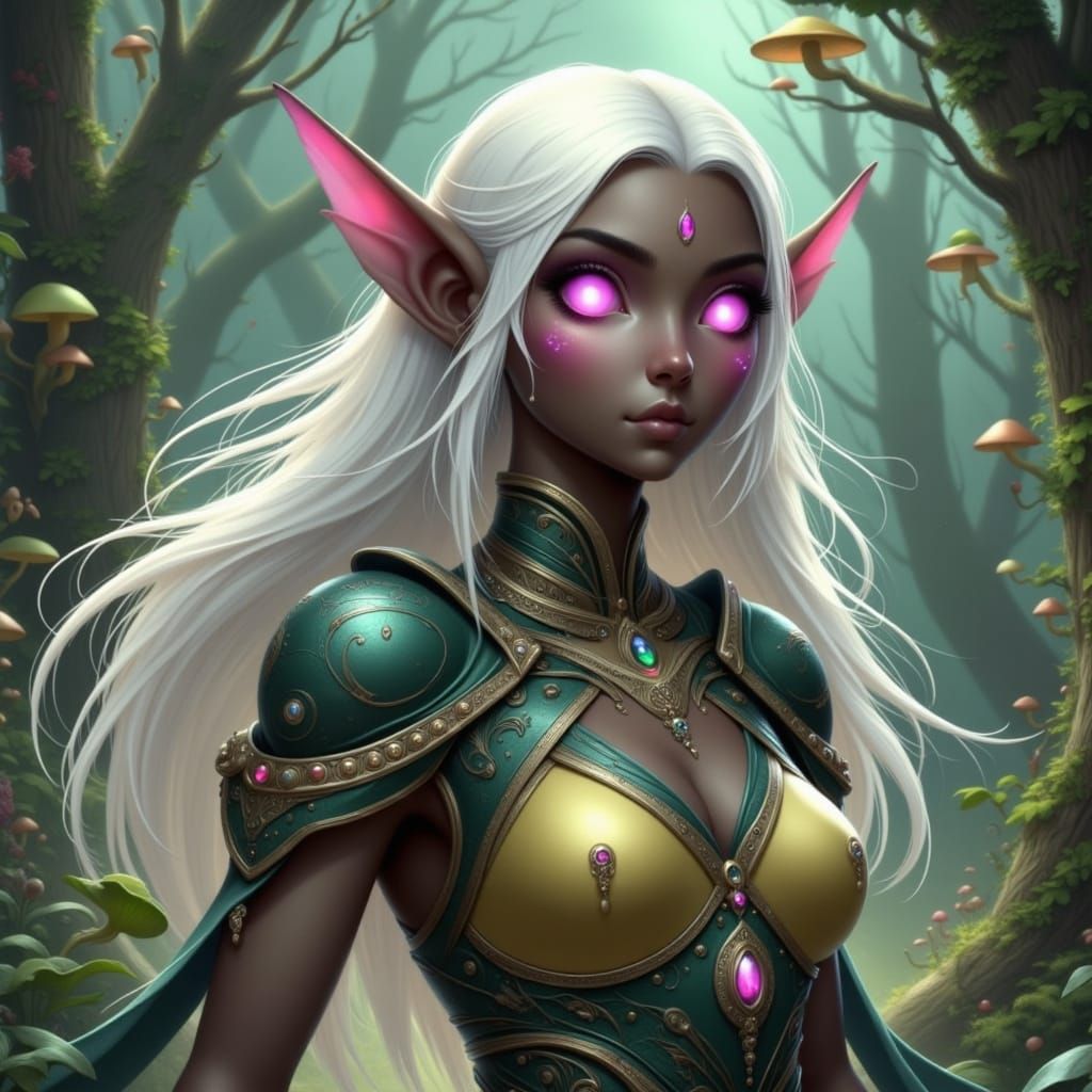 Black Elf With White Hair And Pink Eyes In Enchanted Forest
