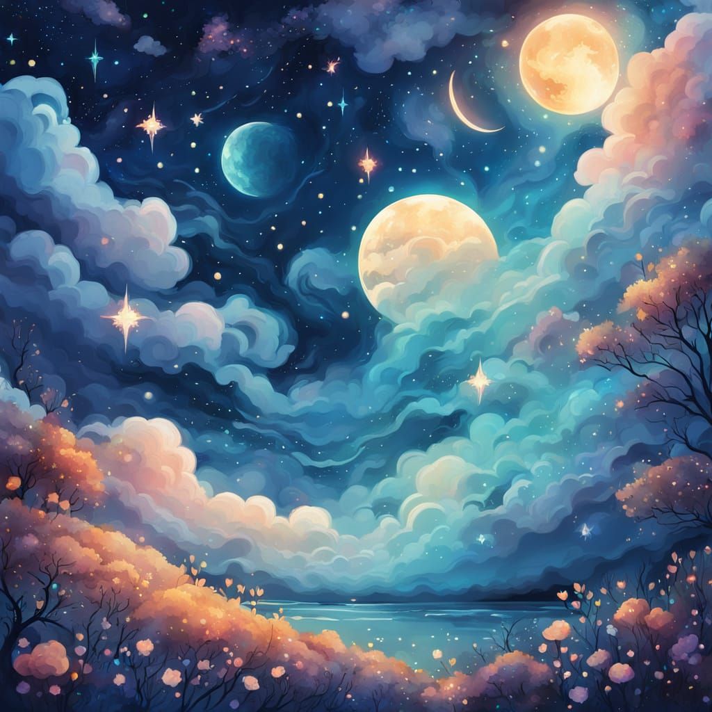 Whimsical Fantasy Art of a Starry Night Landscape