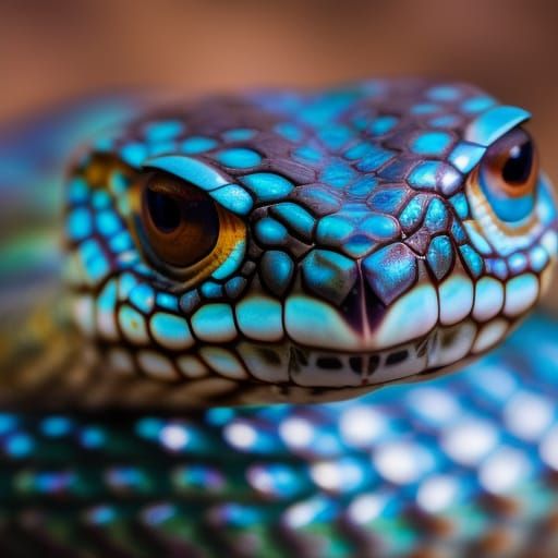 Iridescent Snake Portrait in Desert, Hyperrealistic Renderin...