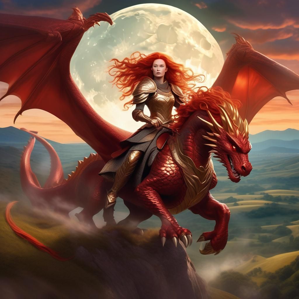 Warrior Queen on Dragon, Oil Painting Style