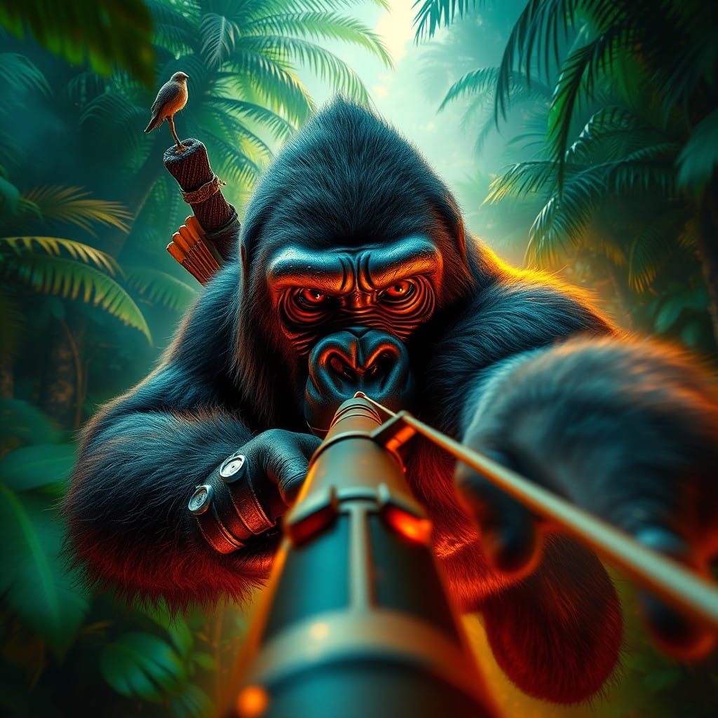 Gorilla Warrior Charges in Hyperrealistic Jungle Scene