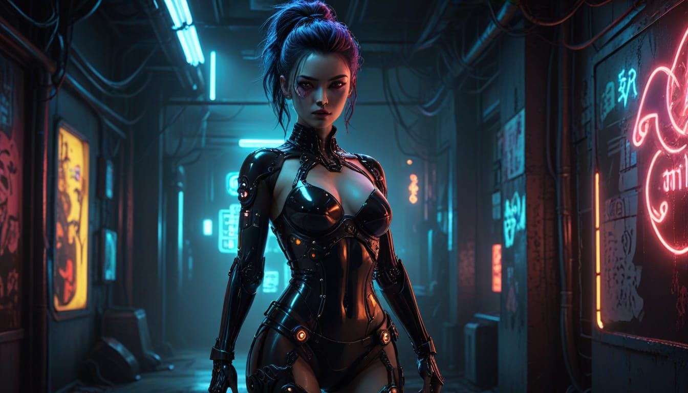Cyberpunk Gynoid Pinup with Neon Lighting