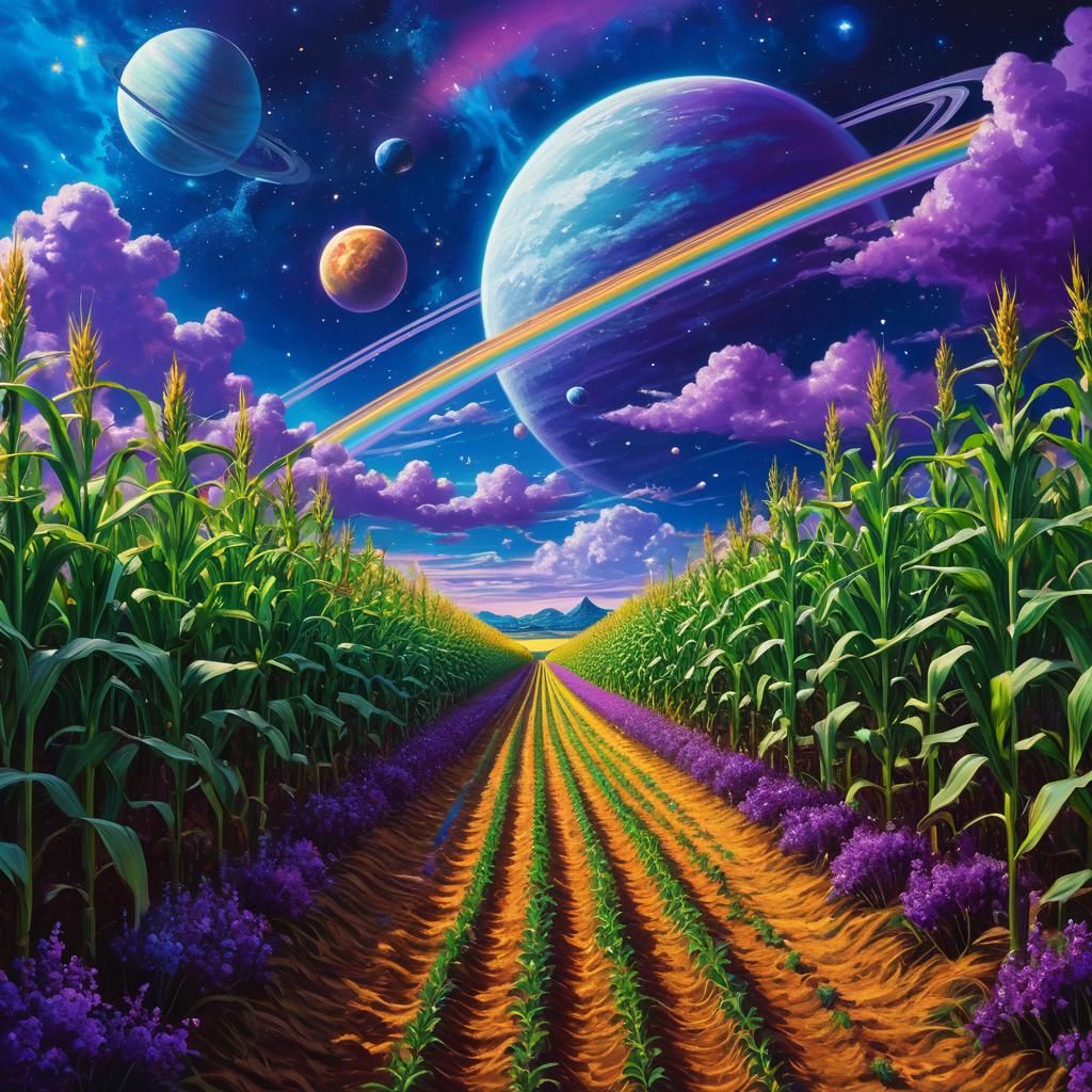 Cosmic Cornfields: Astral Gouache Illustration