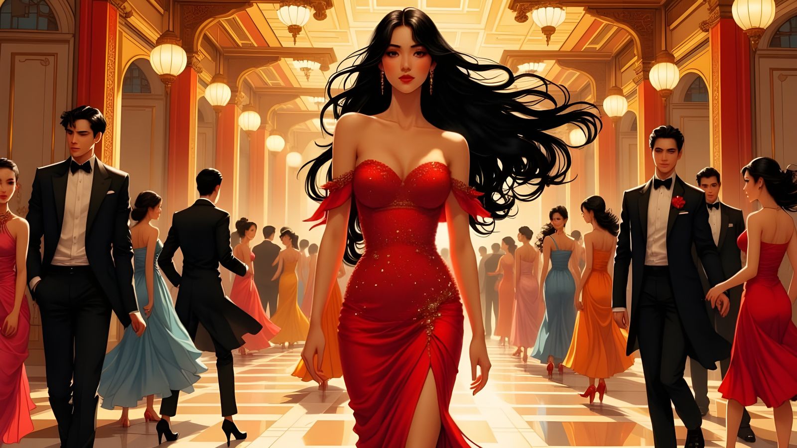 Japanese Supermodel Dominates Ballroom in Scarlet Dress