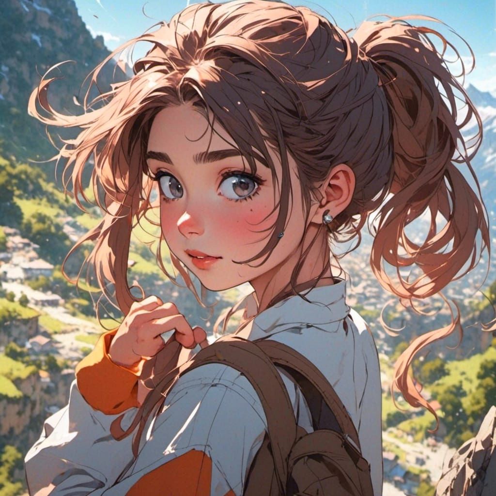 Anime Girl with Curious Expression in Swiss Alps
