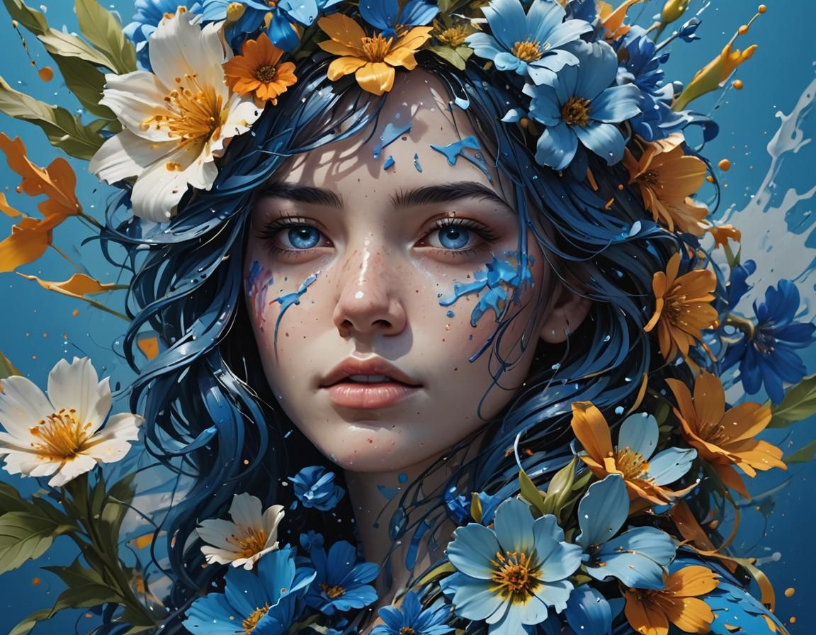 Hyperrealistic Portrait of Blue Flower with Dramatic Lightin...