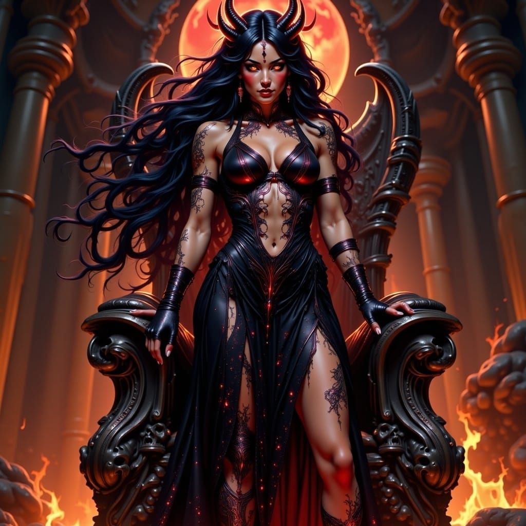 Demon Lord on Obsidian Throne in Burning Underworld