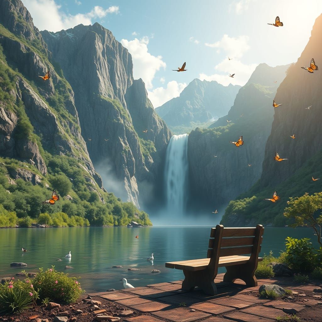 Majestic Waterfall Scene with Serene Shore and Bench