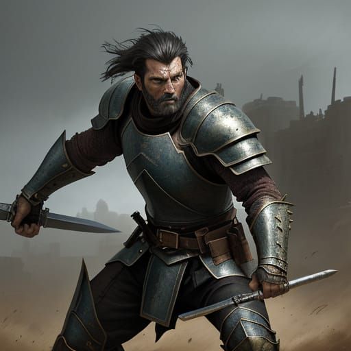 Man in Leather Armor Fights with Flail in Oil Painting