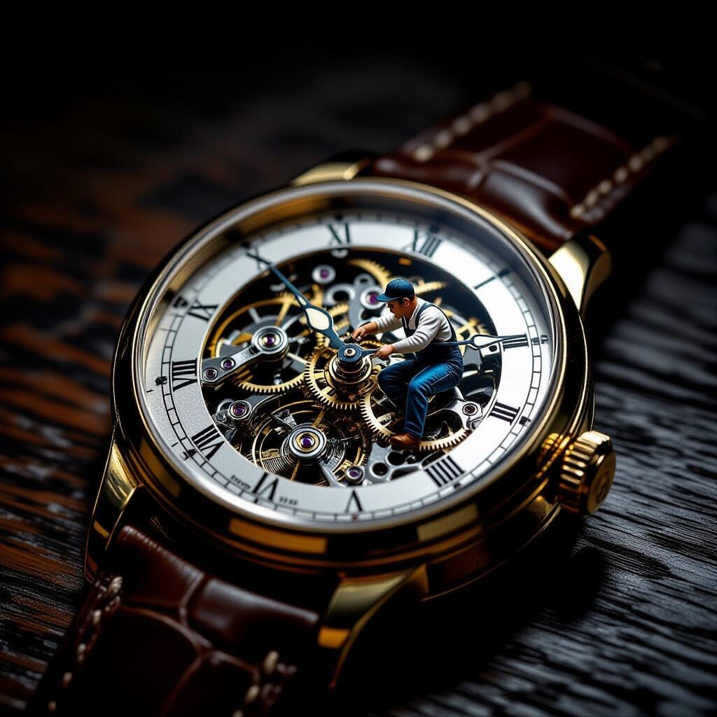 Vintage Watch Mechanism With Miniature Worker Pushing Hand