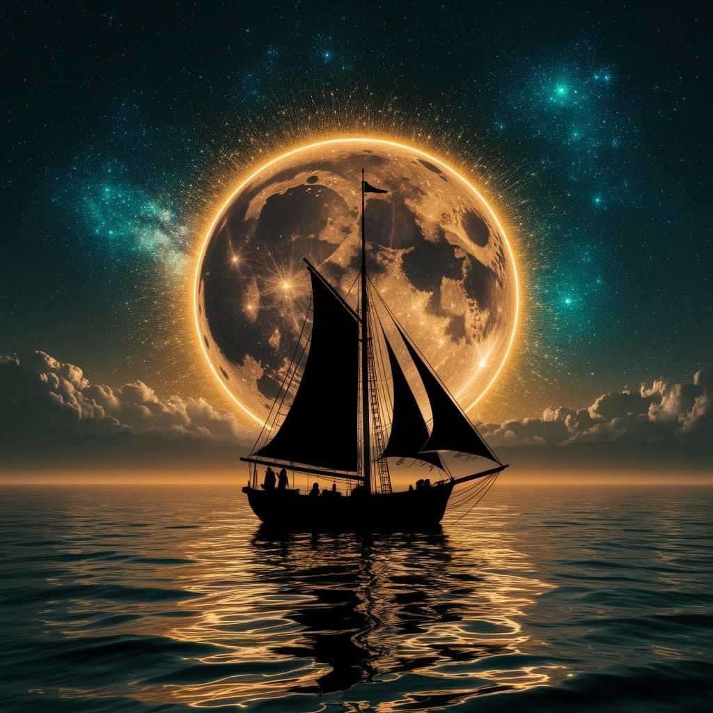 Impressionist Sailboat Under Golden Neon Moon