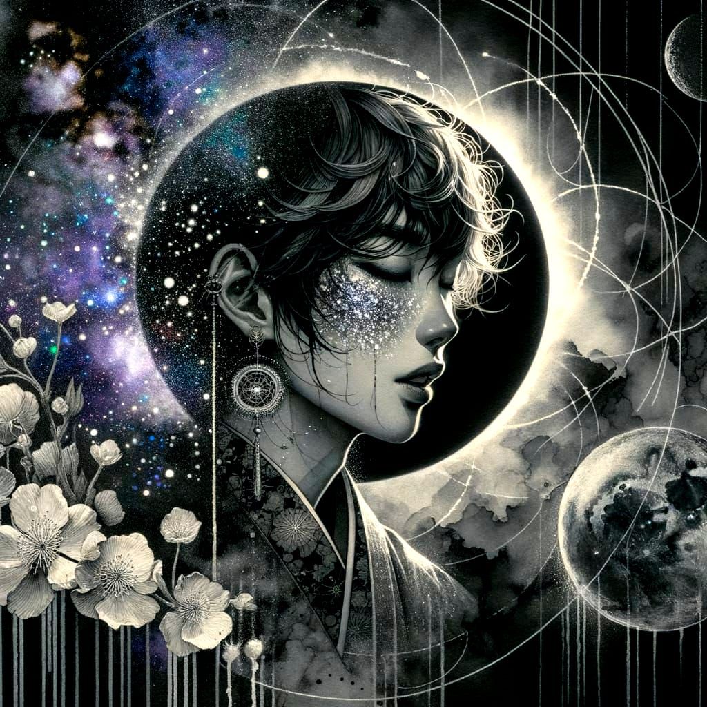 Anime Portrait in Dreamlike Charcoal and Silver