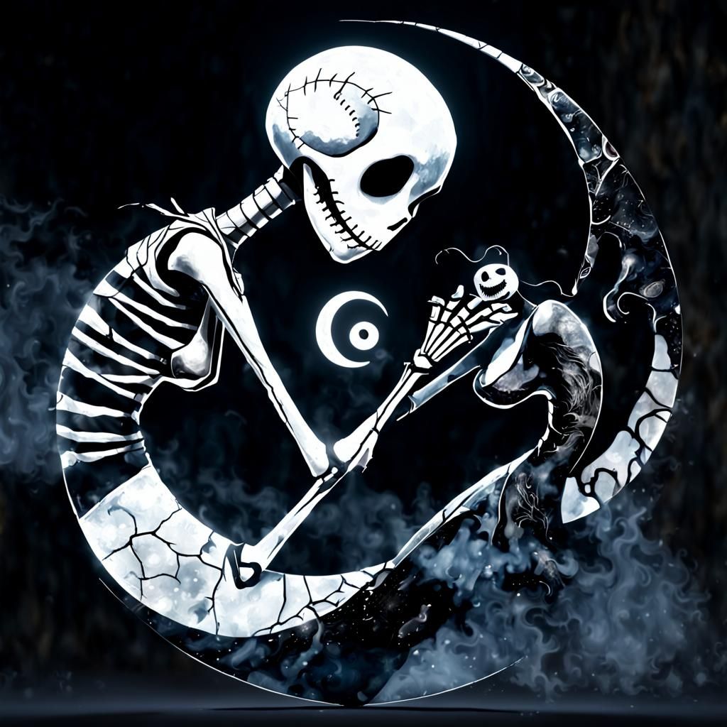 Double exposure yin yang, representing the relationship between Jack skeleton and Sally from nightmare before Christmas,...