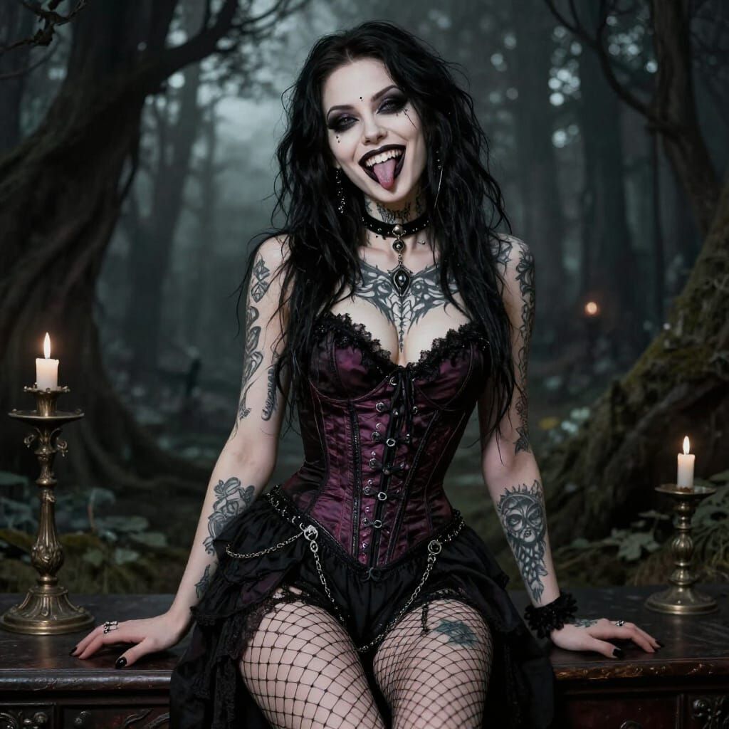 Gothic Woman with Fangs and Tattoos in Fishnets