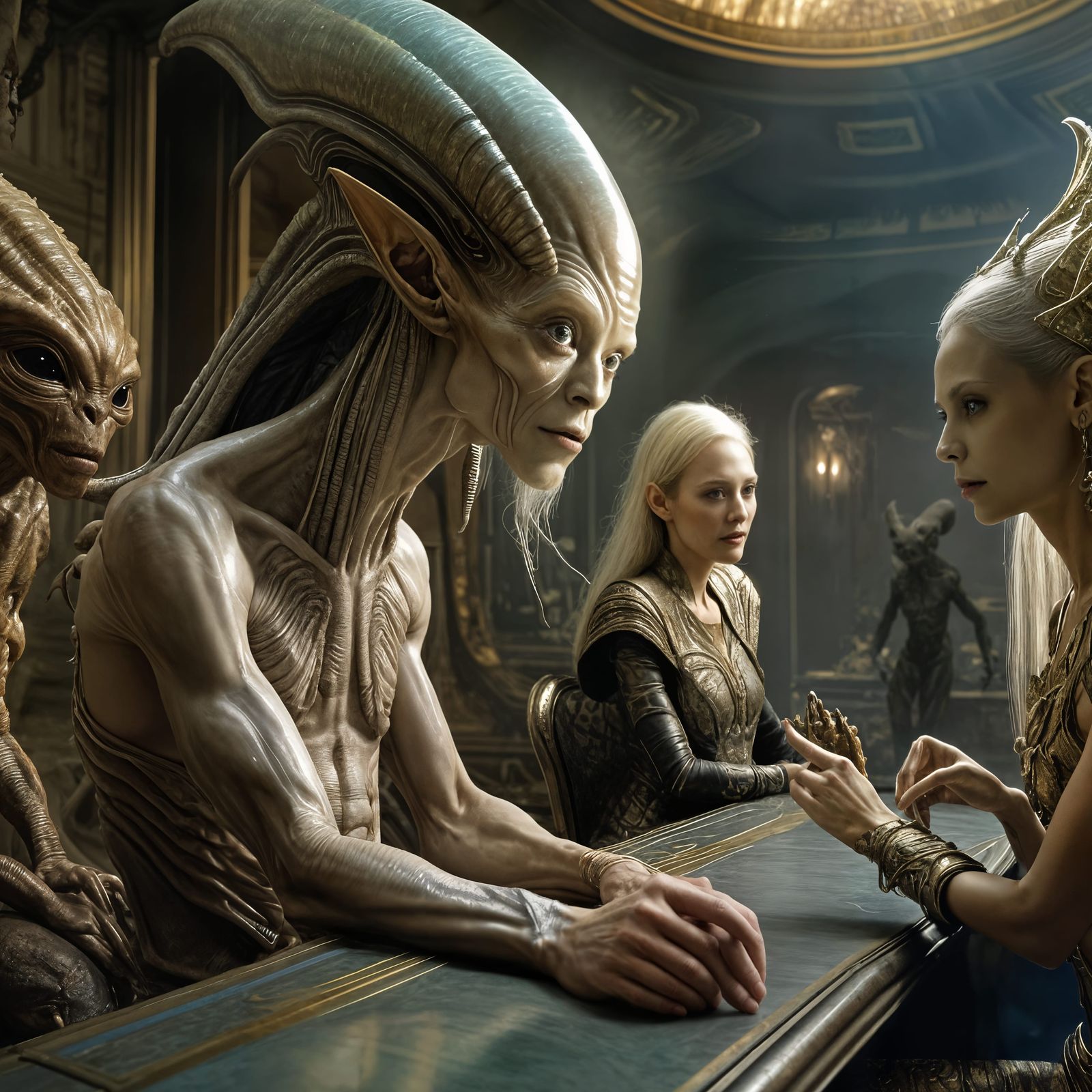 Hyperrealistic Alien-Human Party with Exotic Pets