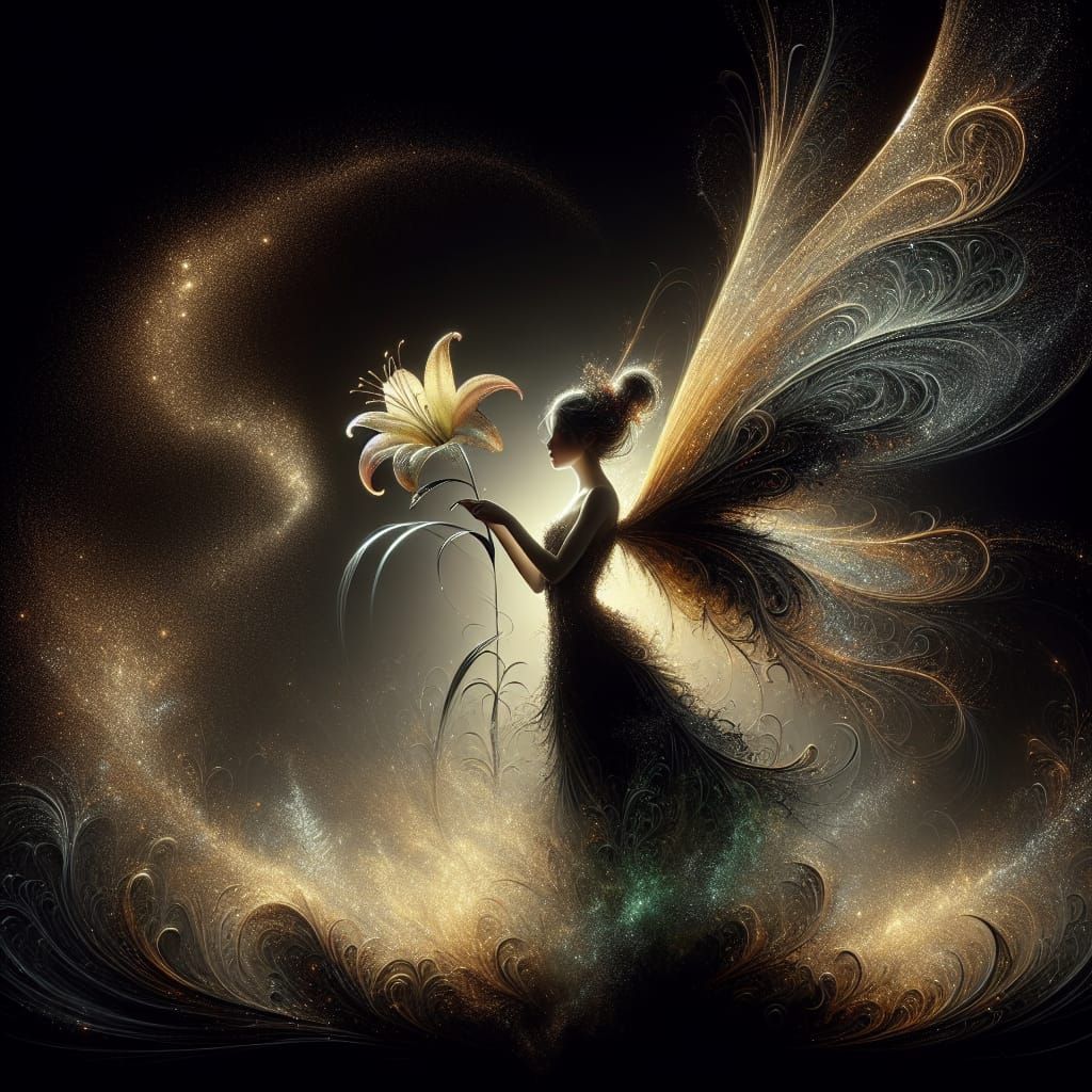 Ethereal Fairy Silhouette with Lily in Hypermaximalist Style