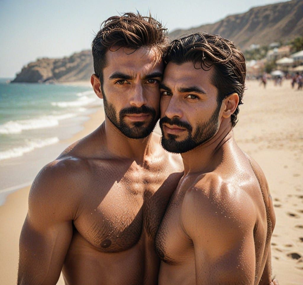 Muscular Men Embracing on a Sunny Beach