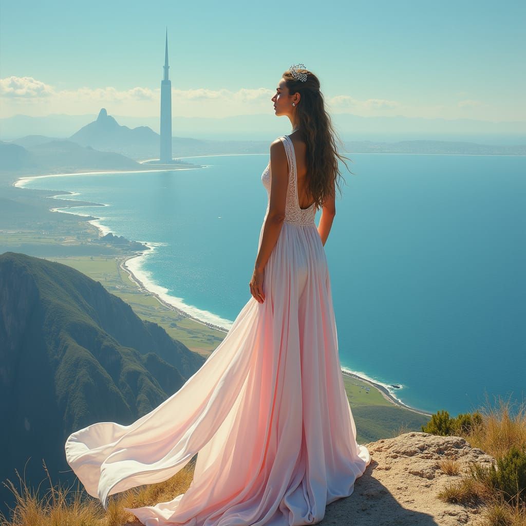 Futuristic Queen Overlooks Island, Oil Painting Style