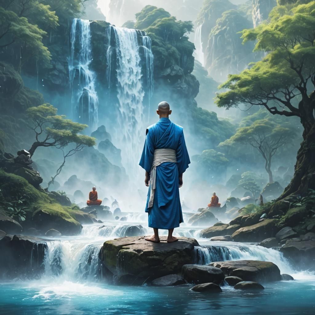 Monk Meditating by Waterfall in Cinematic Style