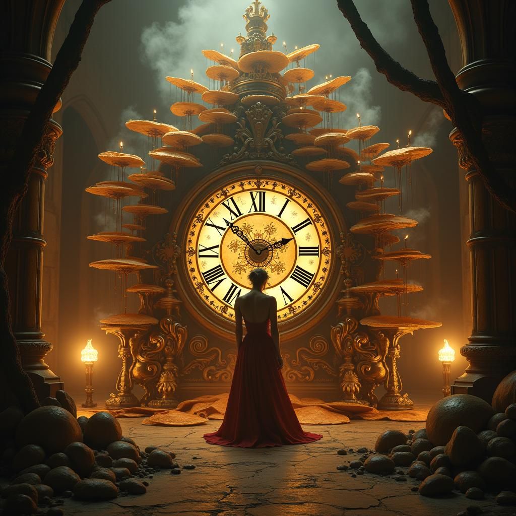 Dreamlike Clockwork Scene with Pancakes and Glowing Mist
