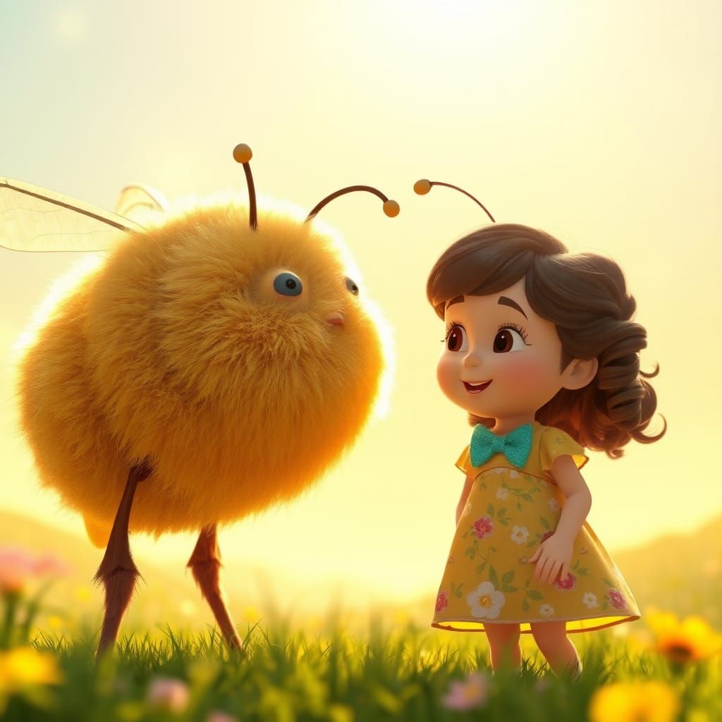 Giant Bee Chatting with Girl: Pixar Style 3D Render