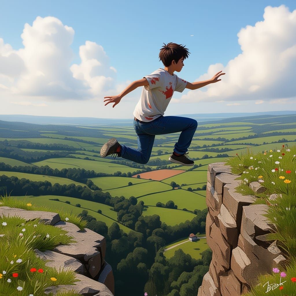 Teenager Contemplates Landscape with Bold Colors