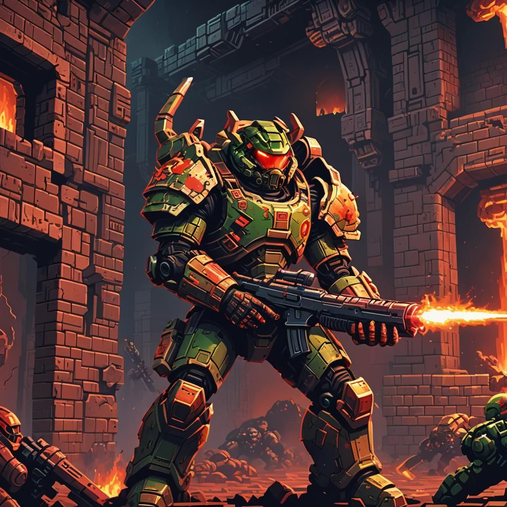 Doom-Inspired Pixel Art Battle Scene