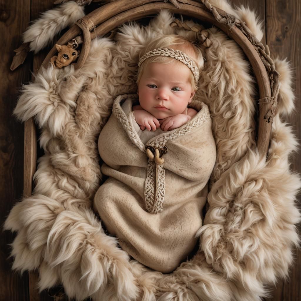 Newborn Viking Baby Girl in Rustic Crib