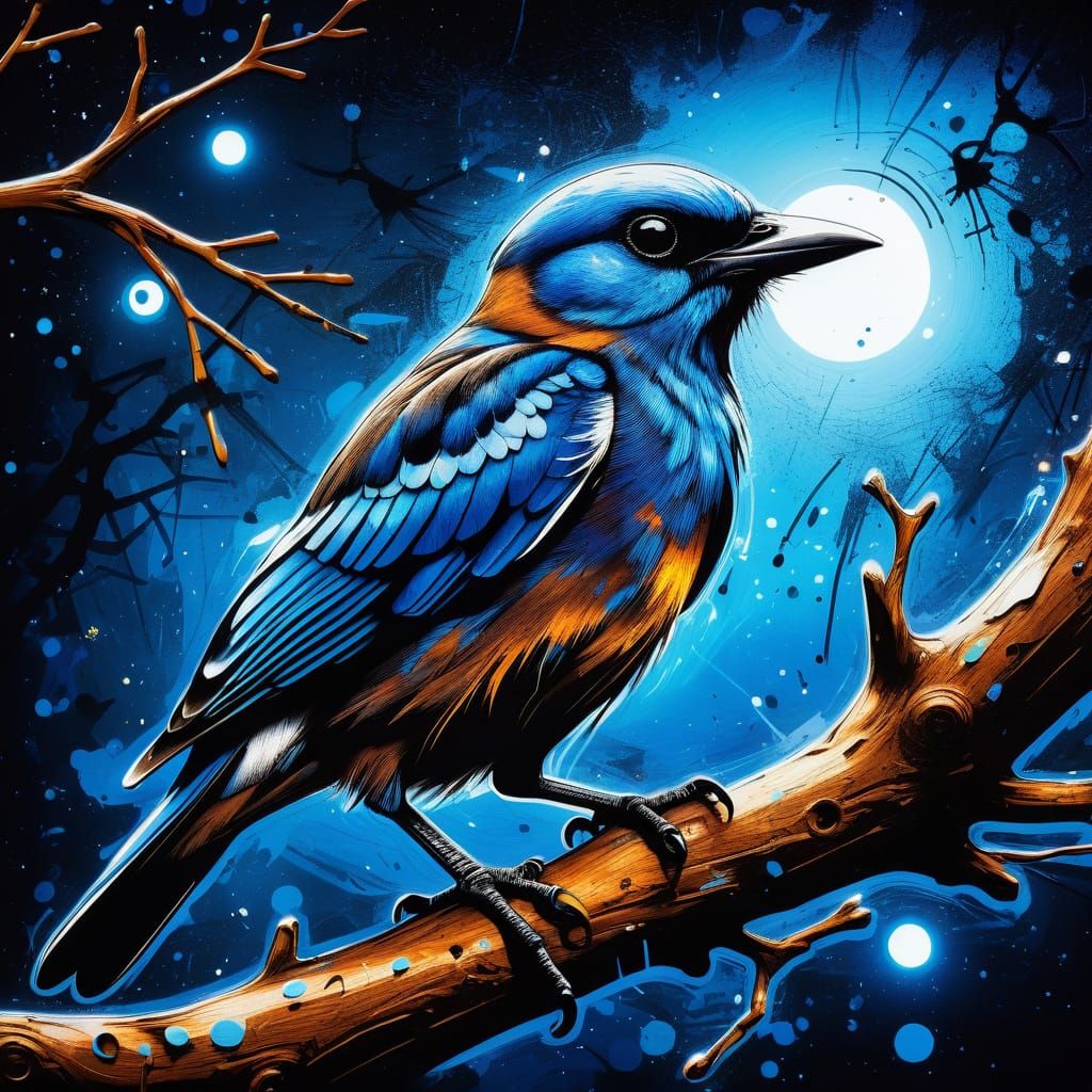 Urban Graffiti Bird with Glowing Blue Eyes