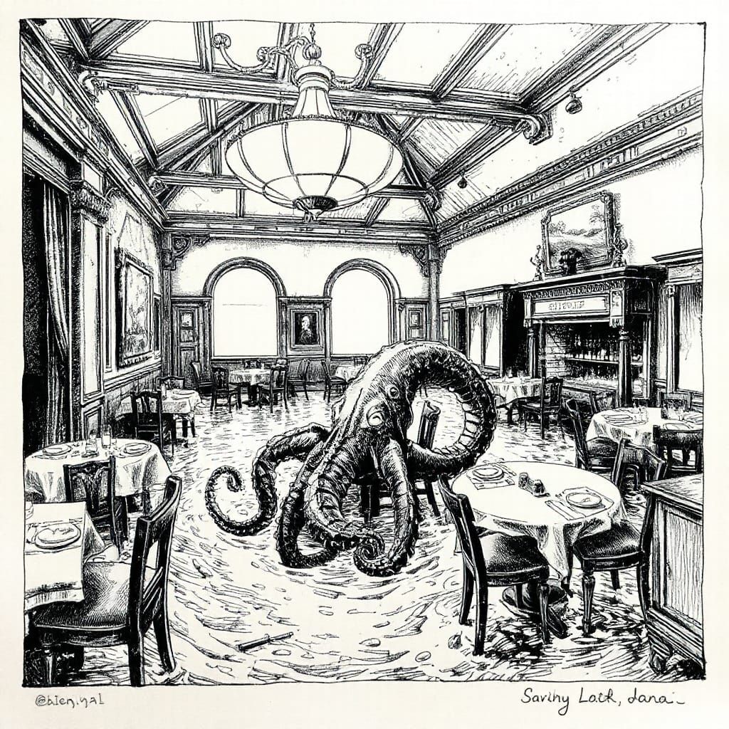 Baroque ink drawing of a flooded restaurant with a kraken in it. Alcohol ink.