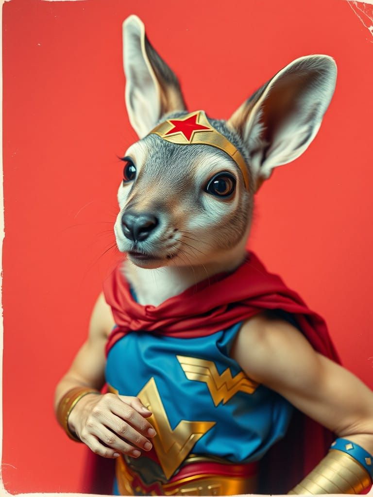 Hyperreal Whimsy: Wonder Woman Weasel in Dramatic Pose