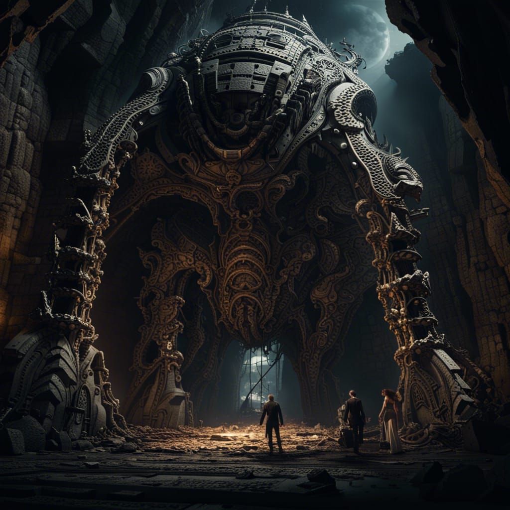 Mechanical Creature Overthrows Tower in Dark Cavern