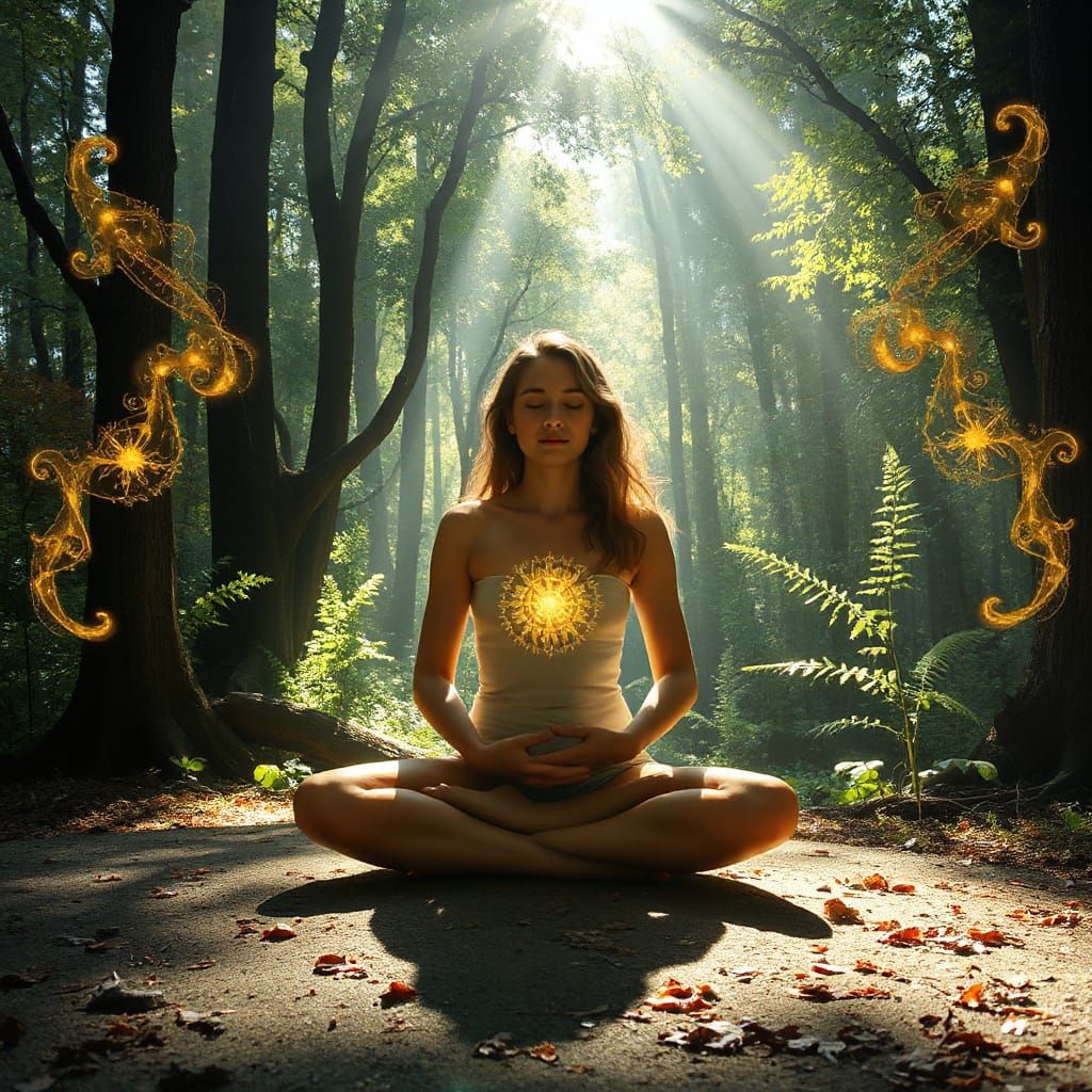 Meditating Figure in Sunlit Forest Emitting Inner Light