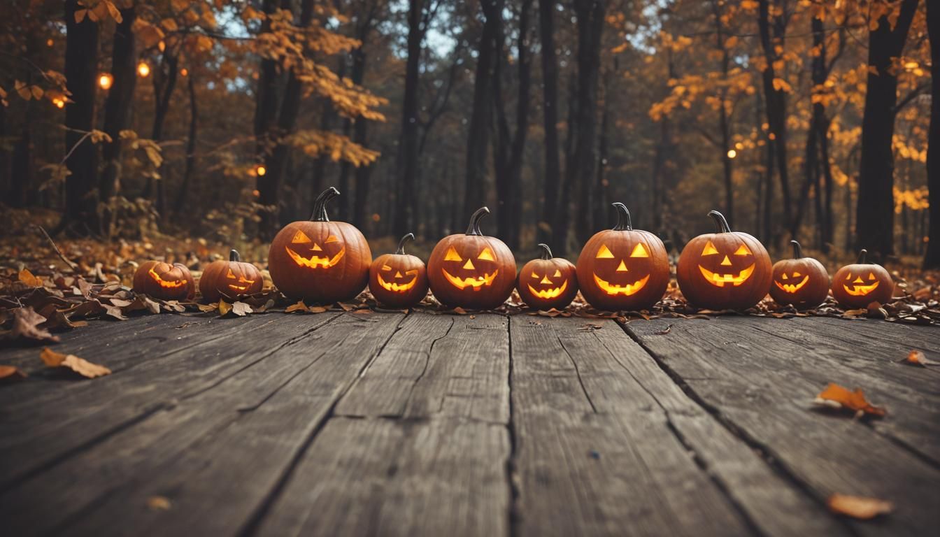 Halloween Pumpkins in a Misty Autumn Forest